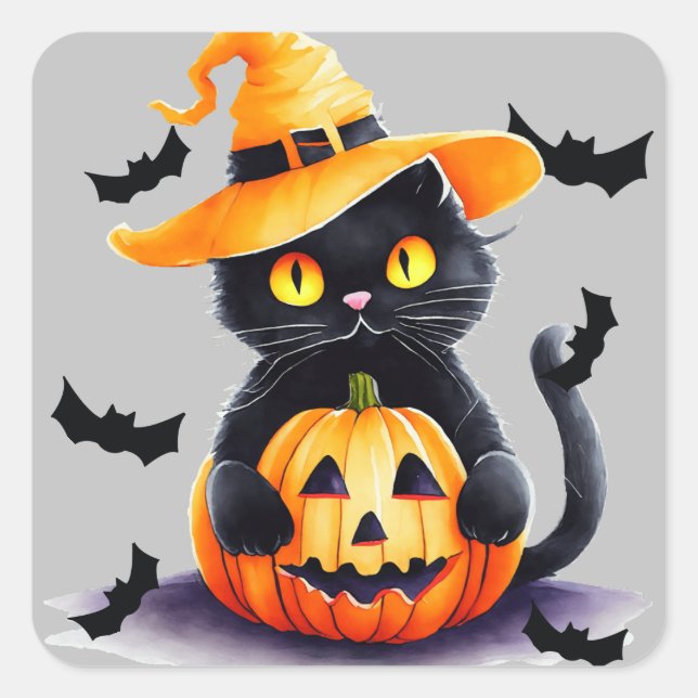 Spooky black cat & pumpkin Halloween Square Sticker (Front)