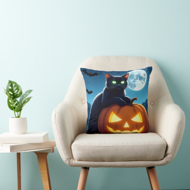 Spooky Black Cat Throw Pillow (Chair)