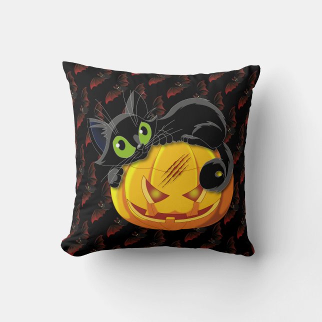 Spooky Black Cat Throw Pillow (Front)