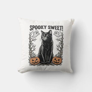 Spooky Black Cat Vintage Halloween Engraving Shirt Throw Pillow