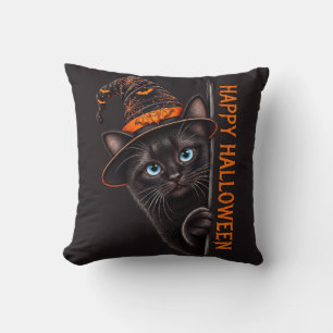 Spooky Black Cat Witch Hat Halloween Throw Pillow