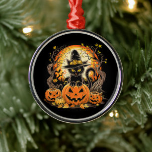 Spooky Black Cat Witch Pumpkin Fall Autumn Metal Ornament