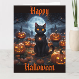 Spooky Black Cat with Jack O'Lanterns Card