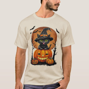 Spooky Black Cat with Pumpkin Halloween Gift  T-Shirt