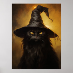 Spooky Black Cat With Witch Hat Poster