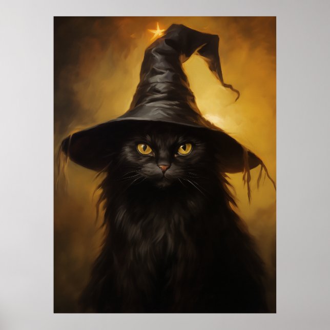 Spooky Black Cat With Witch Hat Poster (Front)