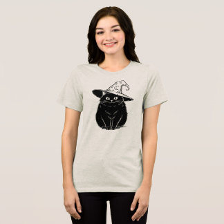 Spooky Black Cat Wizard Hat Halloween Design Tri-Blend Shirt