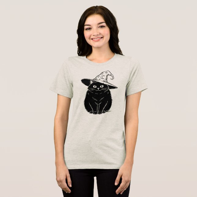 Spooky Black Cat Wizard Hat Halloween Design Tri-Blend Shirt (Front Full)