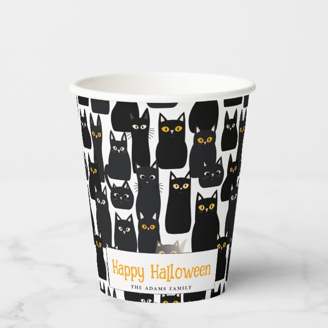 Spooky Black Cats Custom Name Happy Halloween Paper Cups (Front)