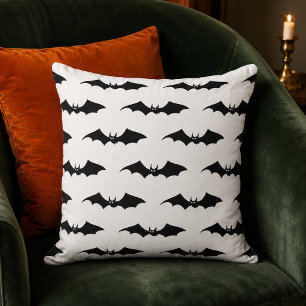 Spooky Black Flying Bats Pattern White Throw Pillow