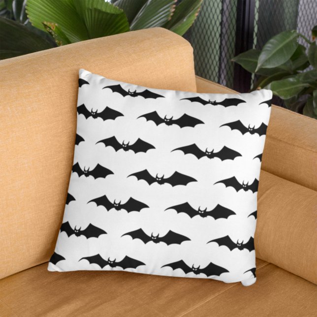 Spooky Black Flying Bats Pattern White Throw Pillow (Creator Uploaded)