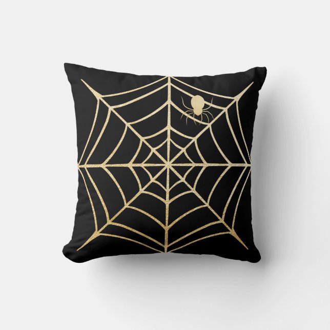 Spooky Black & Gold Spiderweb Spider Halloween Throw Pillow (Front)