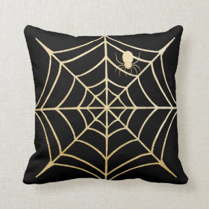 Spooky Black & Gold Spiderweb Spider Halloween Throw Pillow