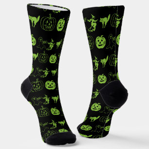 Spooky black green pumpkin cat ghost Halloween Socks