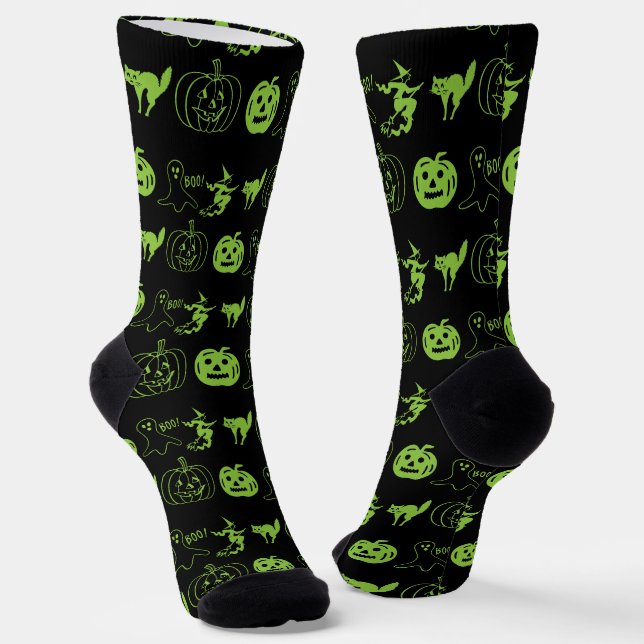 Spooky black green pumpkin cat ghost Halloween Socks (Angled)