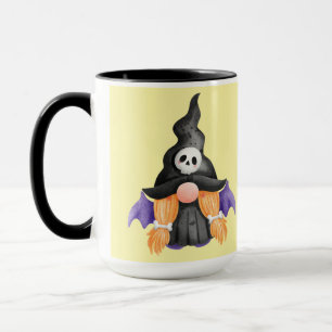 Spooky Black Halloween Witch Gnome With Skull Mug