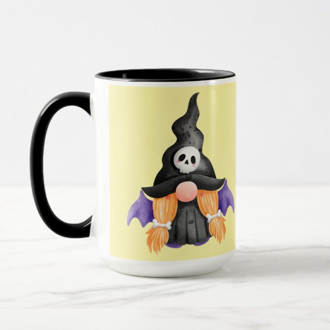 Spooky Black Halloween Witch Gnome With Skull Mug (Left)
