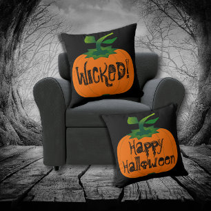 Spooky Black Happy Halloween Wicked Orange Pumpkin Throw Pillow
