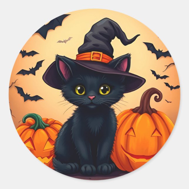 Spooky Black Kitten Witch Hat Pumpkin Halloween Classic Round Sticker (Front)