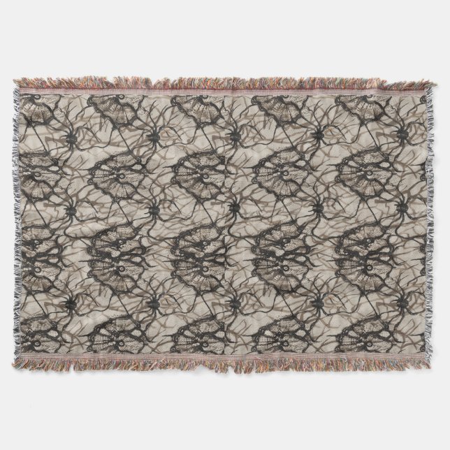 Spooky Black Lace Spider Web Seamless Pattern | Di Throw Blanket (Front)