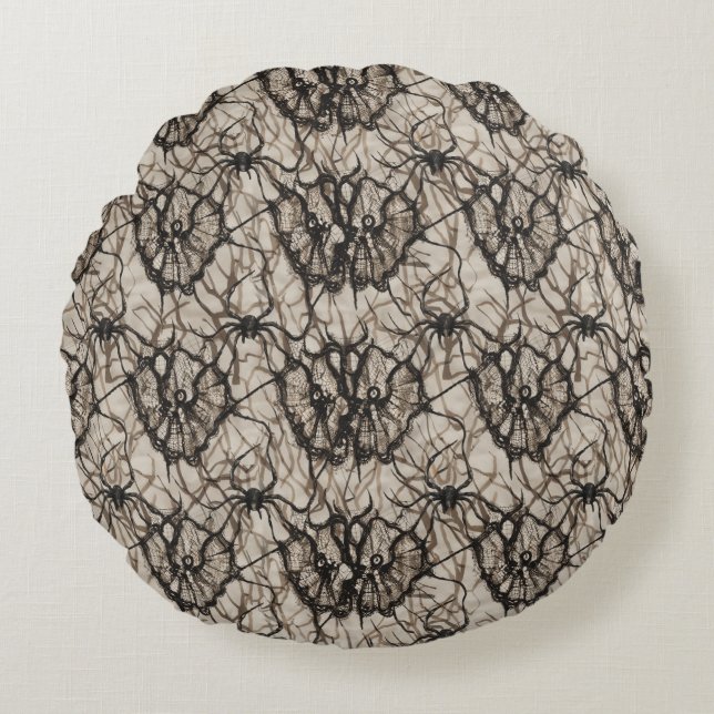 Spooky Black Lace Spider Web Seamless Pattern -  Round Pillow (Front)