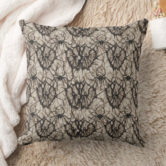 Spooky Black Lace Spider Web Seamless Pattern -  Throw Pillow (Blanket)