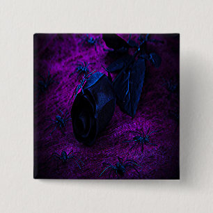 Spooky Black Material Rose, Black Spiders 2 Inch Square Button