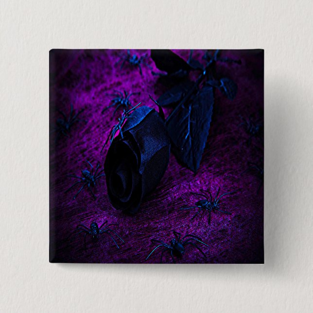 Spooky Black Material Rose, Black Spiders 2 Inch Square Button (Front)