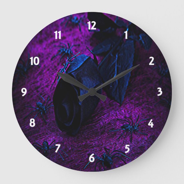 Spooky Black Material Rose, Black Spiders Large Clock (Front)