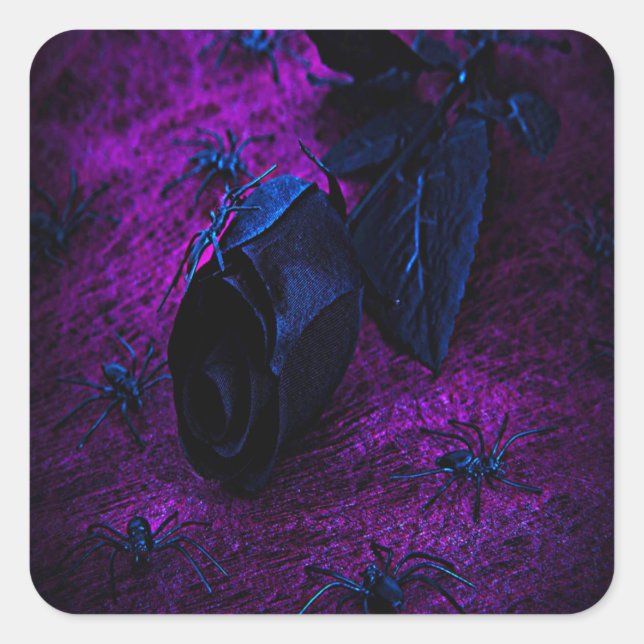 Spooky Black Material Rose, Black Spiders Square Sticker (Front)