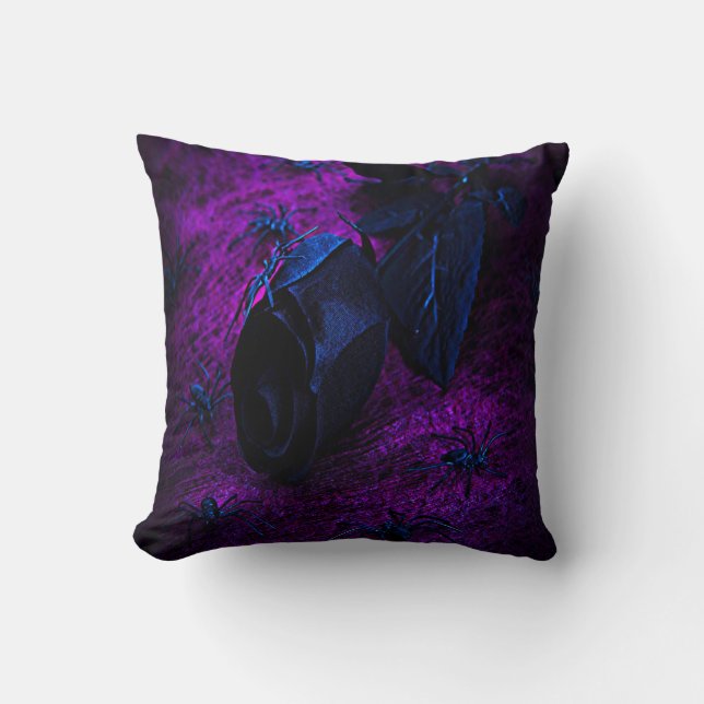 Spooky Black Material Rose, Black Spiders Throw Pillow (Front)