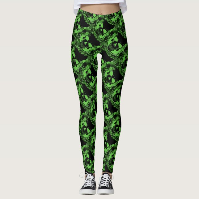 Spooky Black Neon Green  Skulls Halloween Leggings (Front)