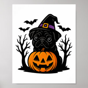 Spooky Black Pug In Witch Hat Pumpkin Halloween Poster