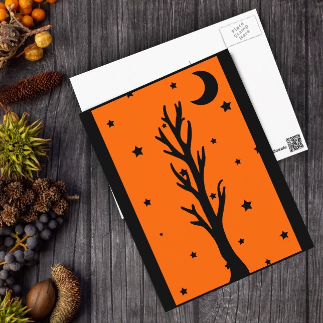 Spooky Black Tree Silhouette Postcard (Spooky barren black tree stars and crescent moon on orange and black Halloween postcard.)