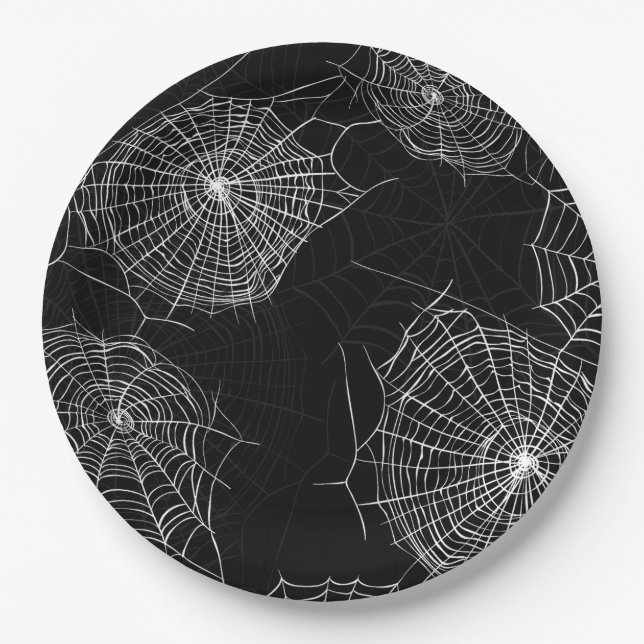 Spooky Black & White Spiderweb Print Paper Plates (Front)