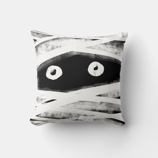 Spooky Black & White Wrapped Mummy Face Halloween Throw Pillow (Front)