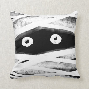 Spooky Black & White Wrapped Mummy Face Halloween Throw Pillow