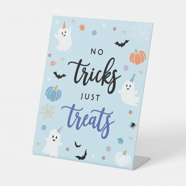 Spooky Blue Ghost Halloween No Tricks Just Treats Pedestal Sign (Front)
