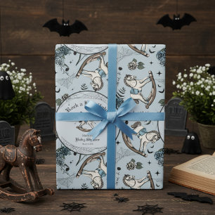 Spooky Blue Vintage Rocking Horse Baby Shower Wrapping Paper