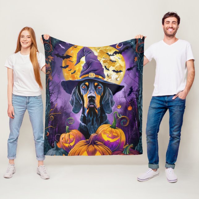 Spooky Bluetick Coonhound Halloween Witch Pumpkin Fleece Blanket (In Situ)