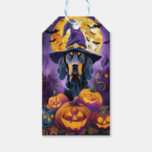Spooky Bluetick Coonhound Halloween Witch Pumpkin Gift Tags