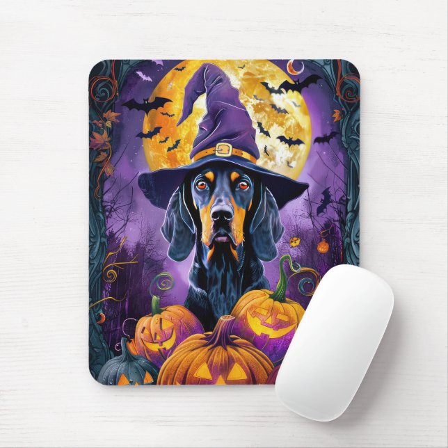 Spooky Bluetick Coonhound Halloween Witch Pumpkin Mouse Pad (With Mouse)