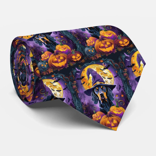 Spooky Bluetick Coonhound Halloween Witch Pumpkin Tie (Rolled)