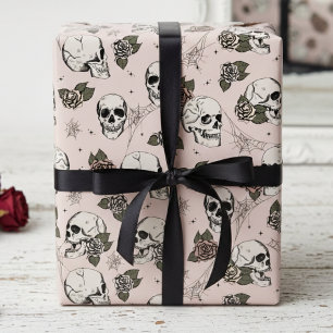 Spooky Blush Pink Floral Small Skull Halloween Wrapping Paper
