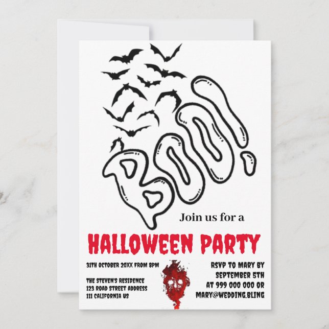 Spooky BOO Bat Swarm Halloween Designe Invitation  (Front)