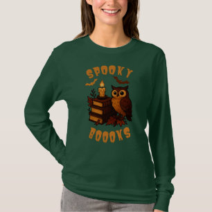 Spooky Books - Owl next to books with candle - T-Shirt
