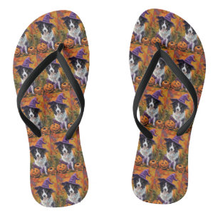 Spooky Border Collie Halloween Witch And Pumpkin Flip Flops