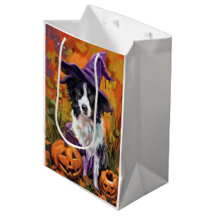 Spooky Border Collie Halloween Witch And Pumpkin Medium Gift Bag