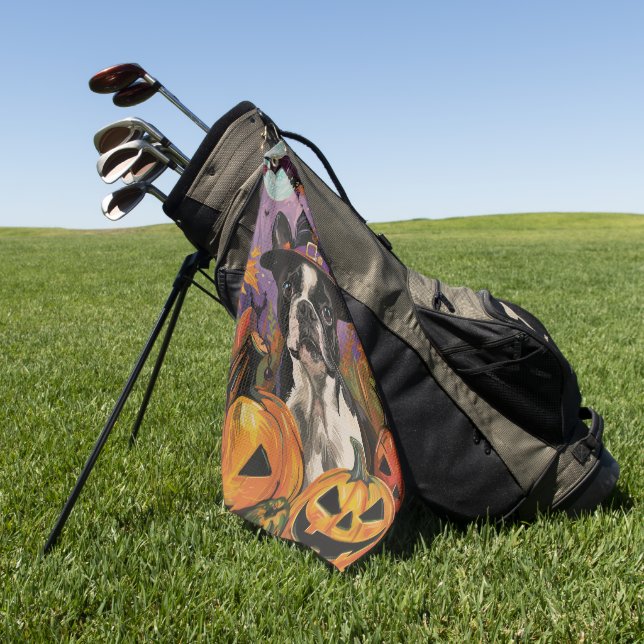 Spooky Boston Terrier Halloween Witch And Pumpkin Golf Towel (Green)