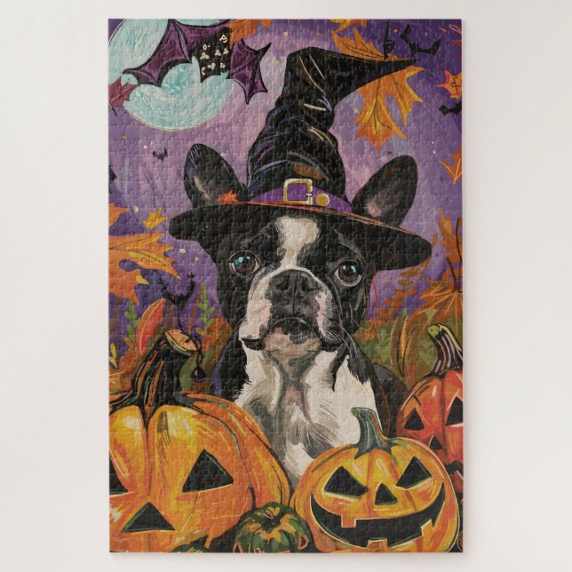 Spooky Boston Terrier Halloween Witch And Pumpkin Jigsaw Puzzle (Vertical)